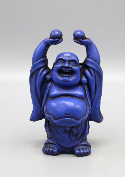 Blue Laughing Buddha Raising Both Hand Resin Statue - nepacrafts