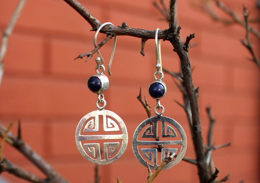 Round Lapis Inlaid Silver Sterling Drop Earrings - nepacrafts