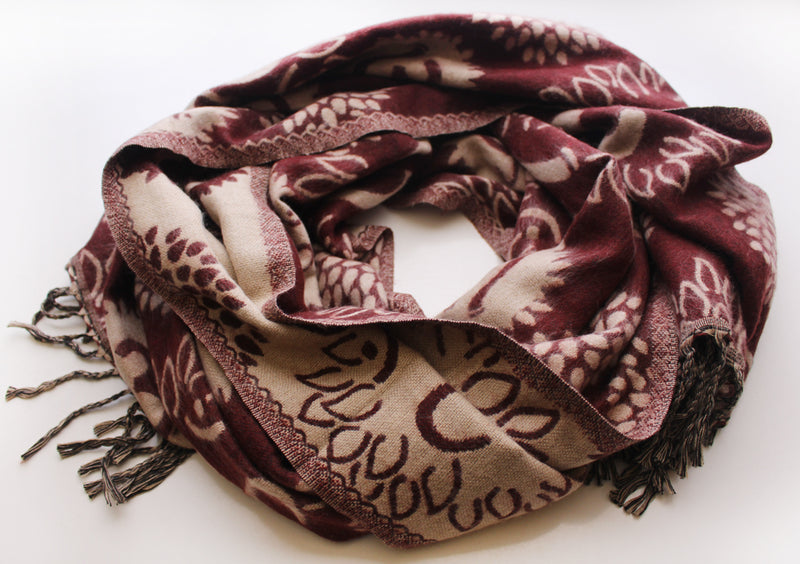 Hand Loomed Hindu Om Printed Maroon Yak Wool Shawl - nepacrafts