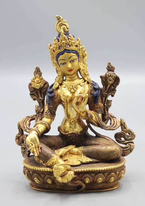 Exquisite Partly Gold Plated Copper Green Tara Statue 6"