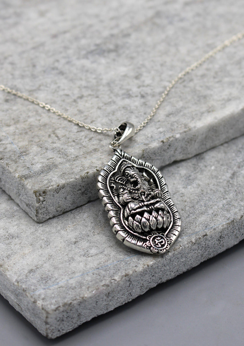 Lord Ganesh on Lotus White Metal Pendant - nepacrafts