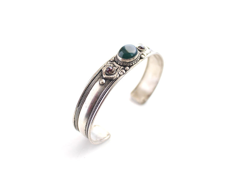 Emrald and Turquoise Inlaid White Metal Tibetan Bracelet - nepacrafts