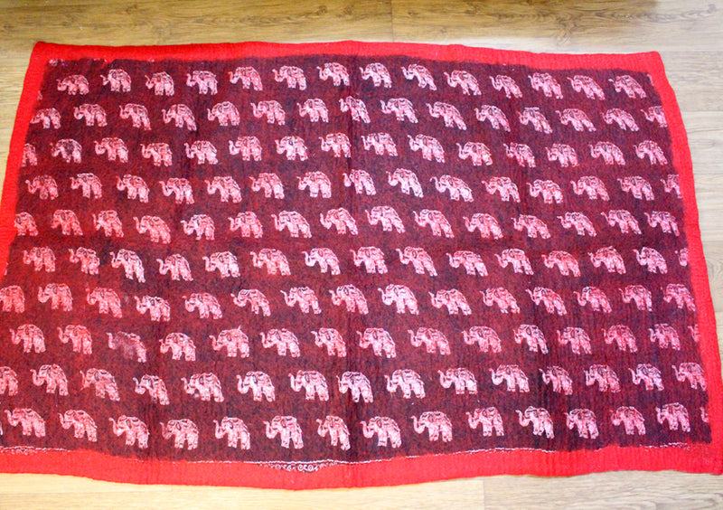 Red Border Maroon Felt Wool Elephant Print Indoor Rug - nepacrafts
