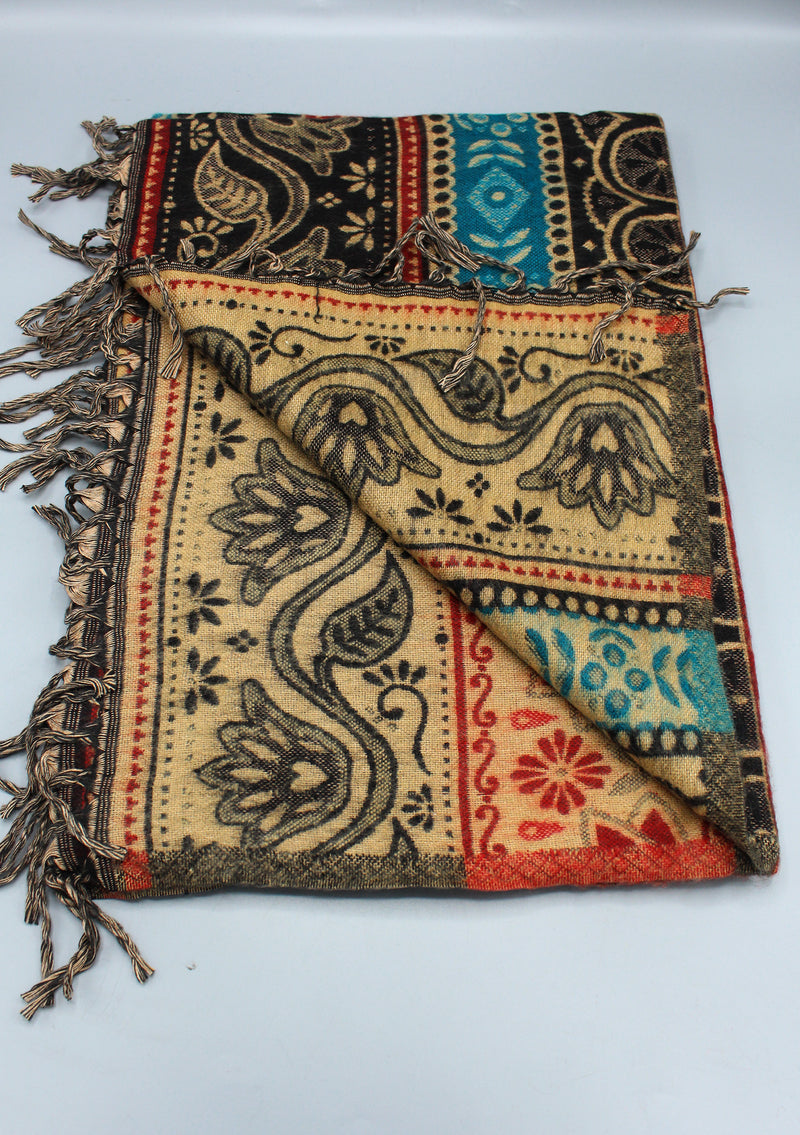 Red Lotus Design Black and Turquoise Yak Wool Shawl