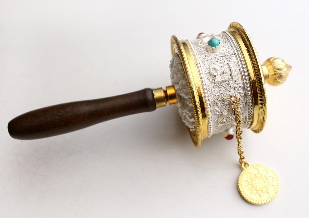 White Metal Tibetan Handheld Spinning Prayer Wheel Inlaid Coral and Turquoise - nepacrafts