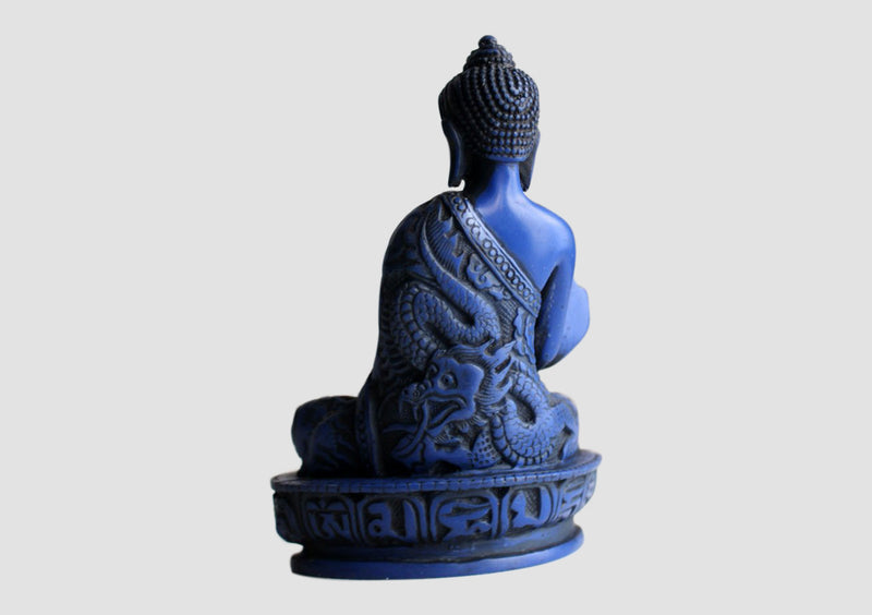 Dragon Carved Blue Color Resin Medicine Buddha Statue 5" - nepacrafts