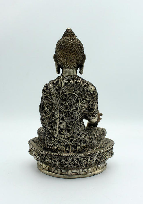 White Metal Floral Motif Carved Medicine Buddha Statue 8 Inches
