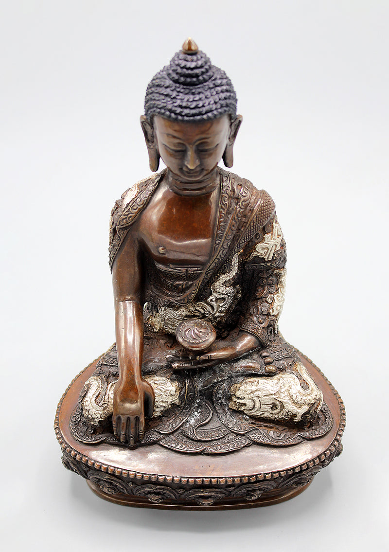 Copper Oxidized Shakyamuni Buddha Statue Dragon Carving