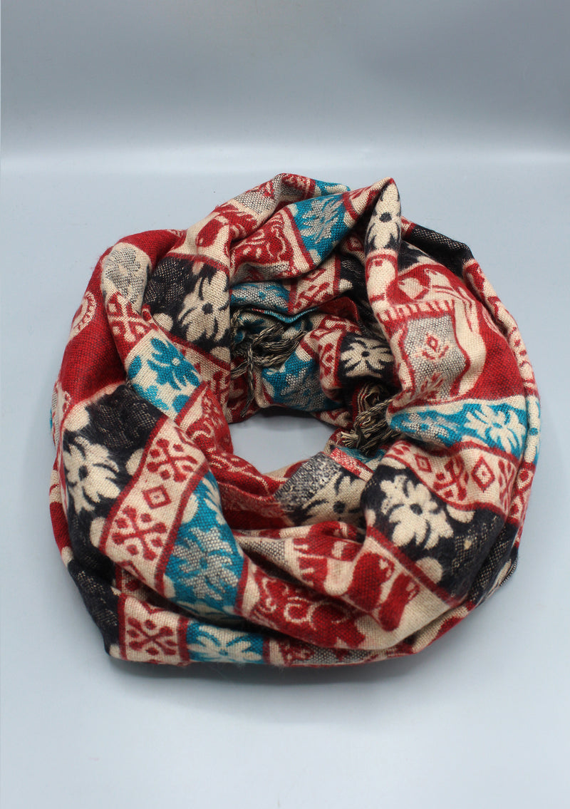 Red Elephant Design Multi Color Yak Wool Shawl