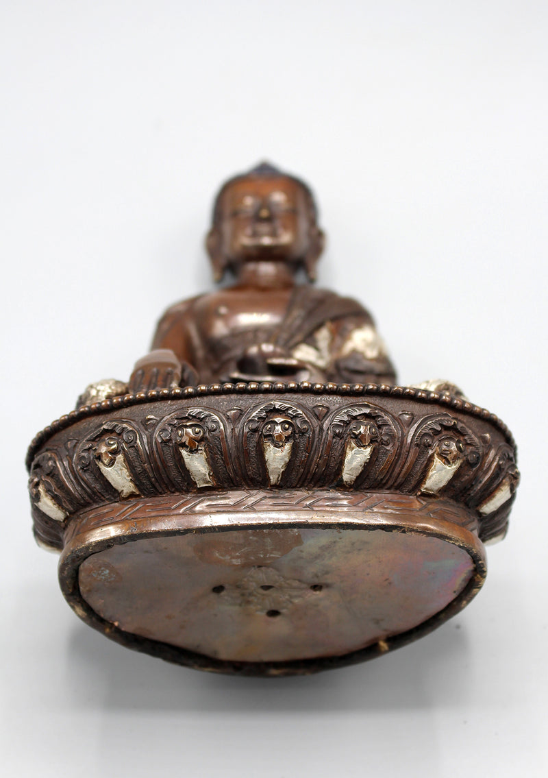 Copper Oxidized Shakyamuni Buddha Statue Dragon Carving