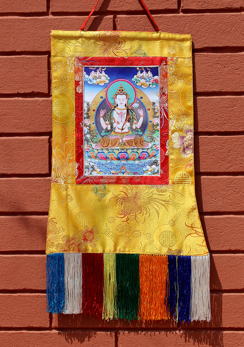 Silk Brocade Chenrezig Thangka Wall Hanging