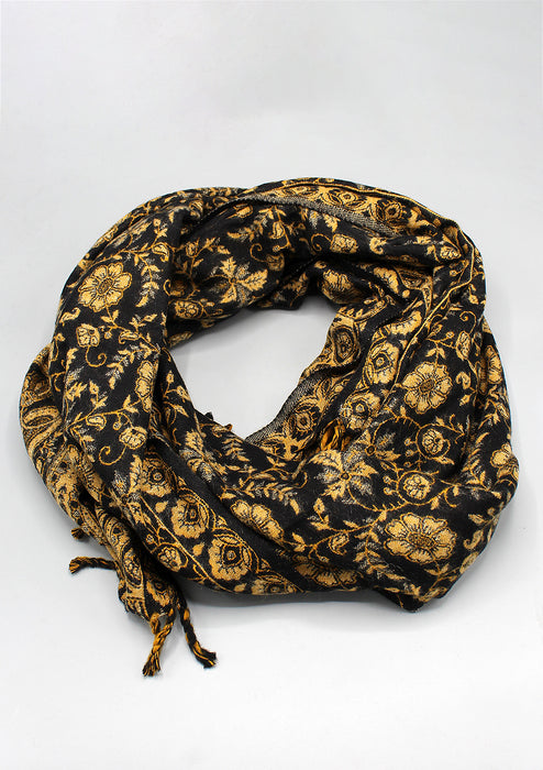 Hand Loomed Floral Black and Yellow Print Yak Wool Shawl
