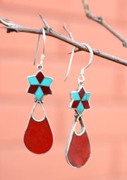 Flower Drop Inlaid Turquoise and Coral Dangle Silver Earrings - nepacrafts