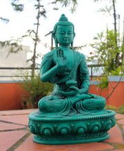 Floral Motifs Carved Green Amoghasiddhi Buddha Resin Statue 7 inch High - nepacrafts