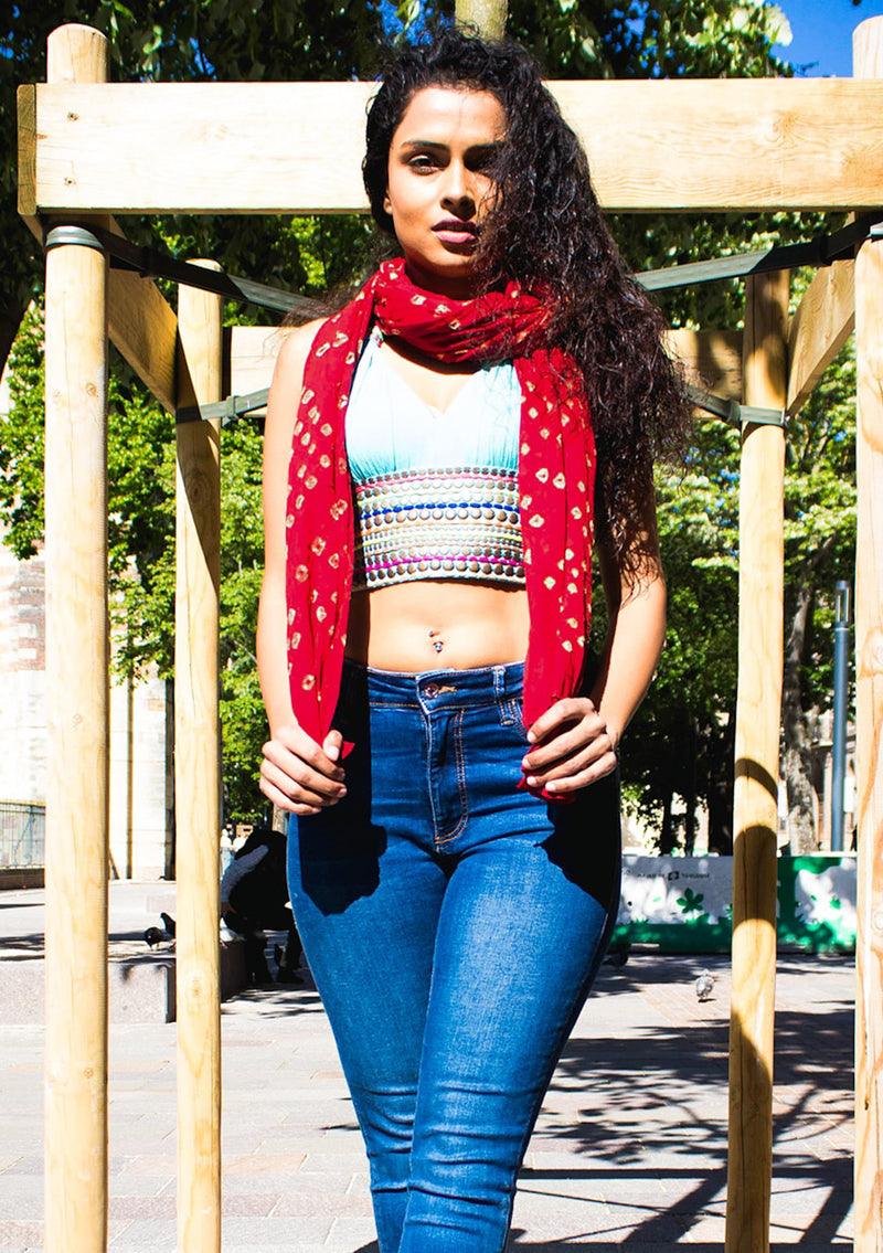 Maroon Red Chunari Printed Cotton Summer Scarf - nepacrafts