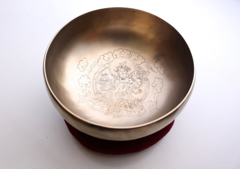 Green Tara with Cloud Carved Hand Hammered Singing Bowl 8" - nepacrafts
