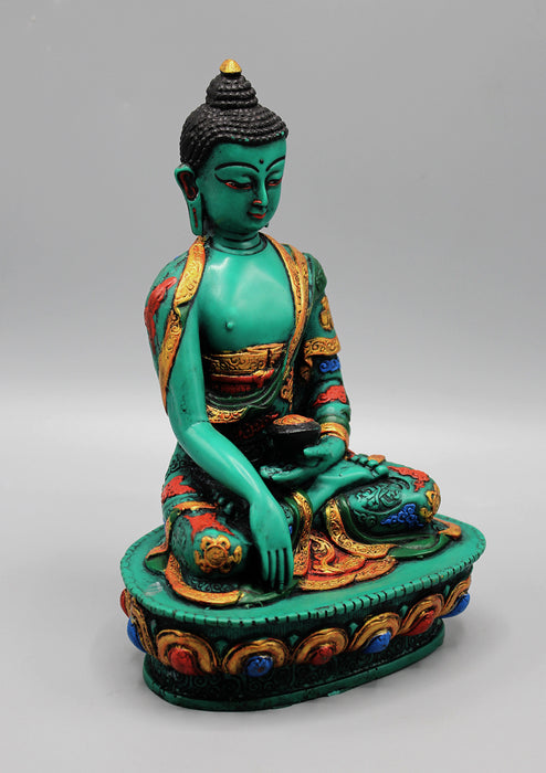 Embossed Painting Green Resin Shakyamuni Buddha Statue