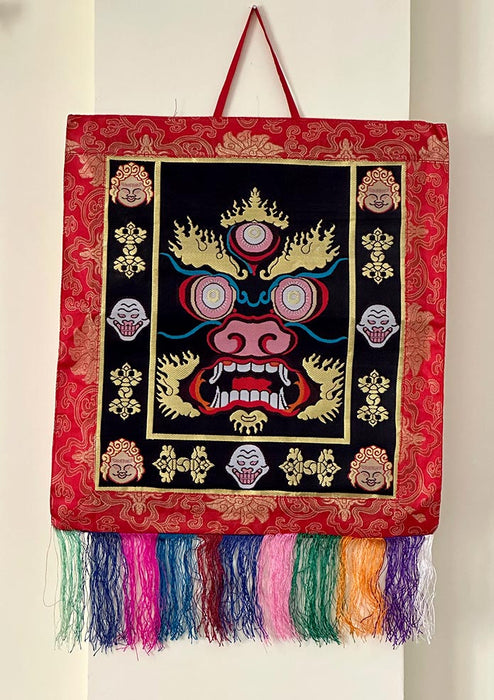 Mahakala Embroidered Black Wall Hanging Banner with Red Brocade