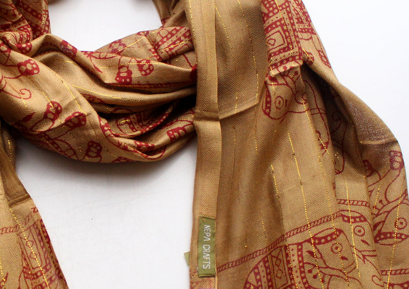 Cotton Meditation Scarf with Elephant Print, Light Brown Jari Shawl/Scarf - nepacrafts
