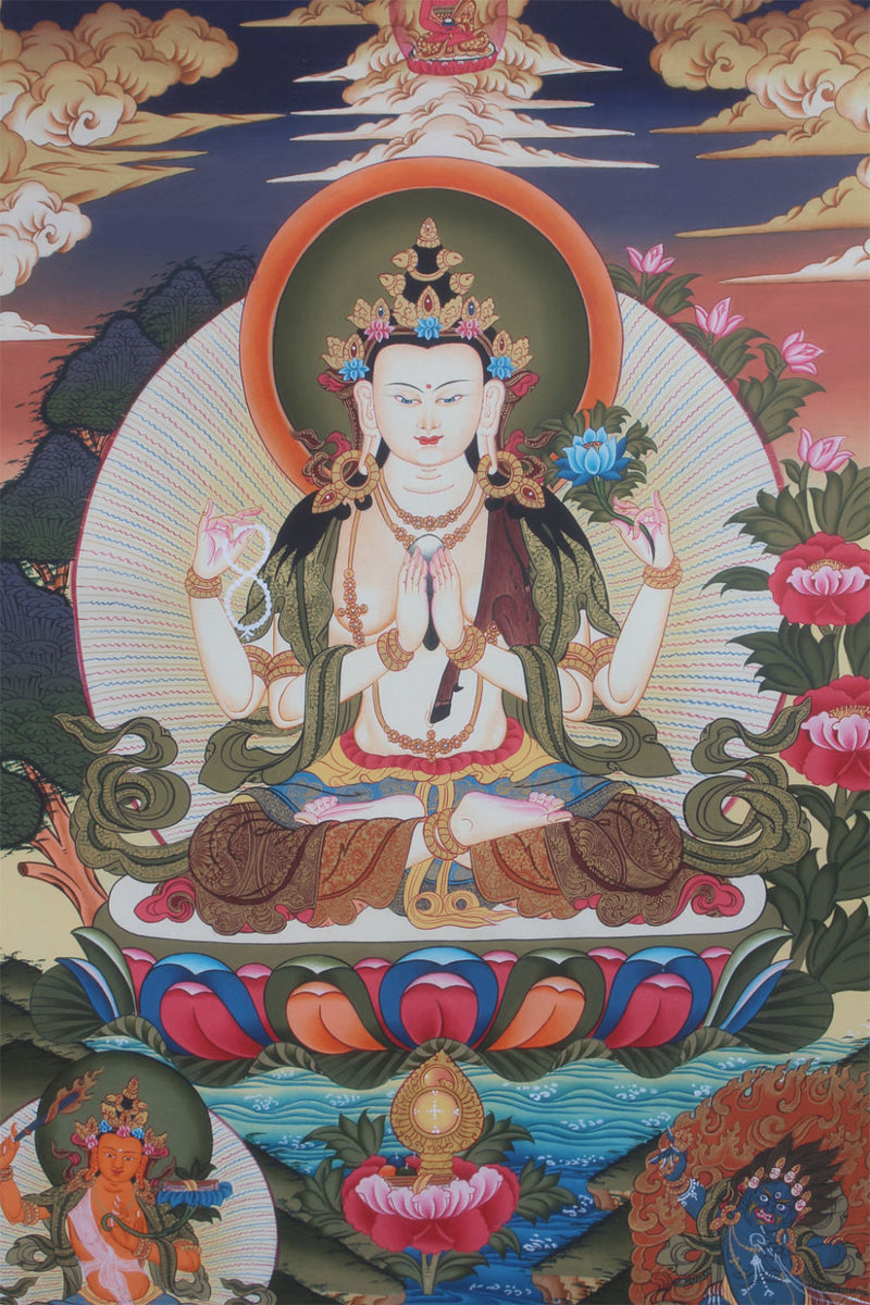 Chenrezig Thangka Painting-73x50cm - nepacrafts