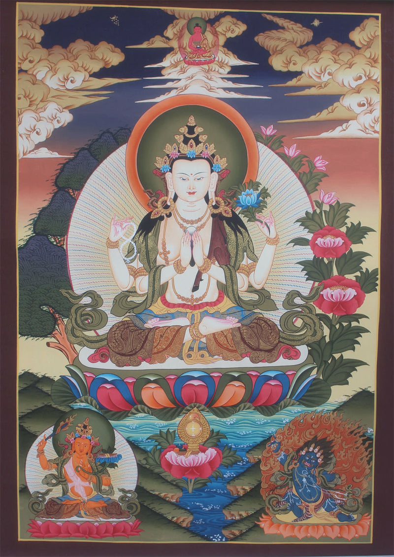 Chenrezig Thangka Painting-73x50cm - nepacrafts