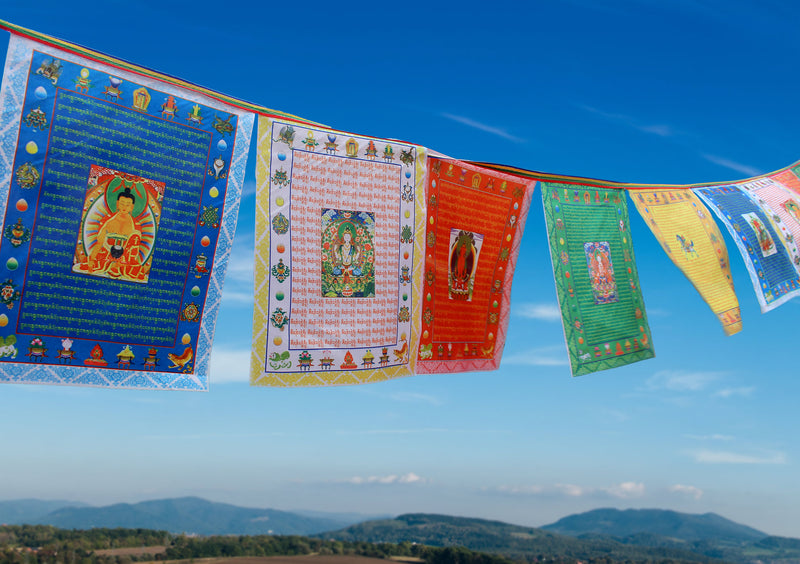 Tibetan Deities Printed Colored Silk Prayer Flags - nepacrafts