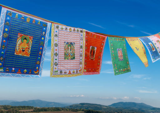 Tibetan Deities Printed Colored Silk Prayer Flags - nepacrafts
