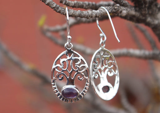 Amethyst Inlaid Tree of Life Sterling Silver Dangle Earrings - nepacrafts