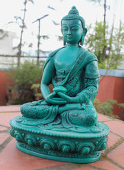 Turquoise Floral Motifs Carved Amitabha Buddha Resin Statue 7 inch High - nepacrafts