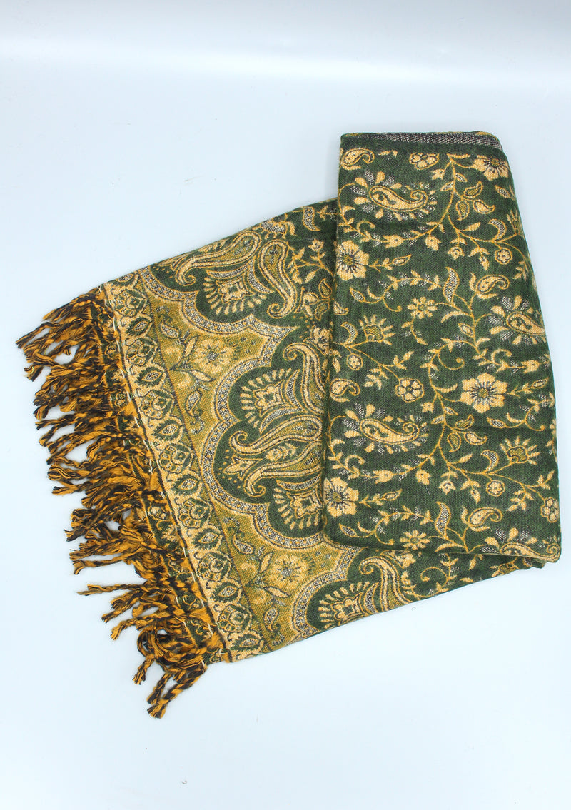 Handloomed Floral Leaves Forest Green Yak Wool Shawl