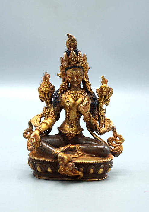 Partly Gold Plated Copper Green Tara Statue 5.5"