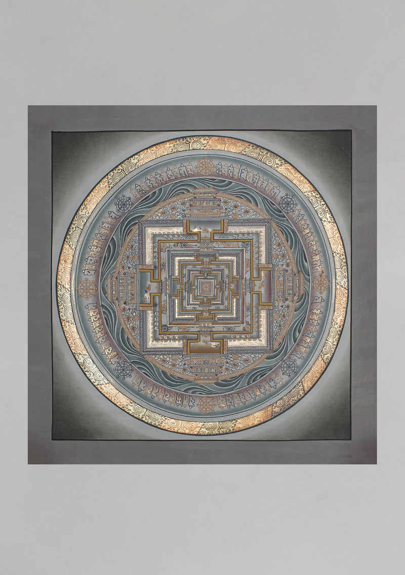 Gray Kalachakra Mandala Hand Painted Thangka - nepacrafts