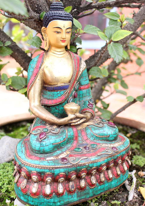 8.5" High Amitabh Buddha Statue Inlaid Turquoise and Coral - nepacrafts