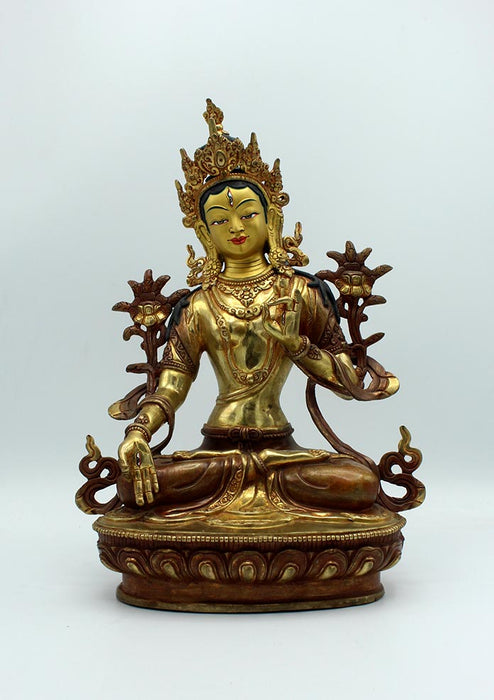 Antique Style White Tara Gold Plated Copper Statue 13 Inches