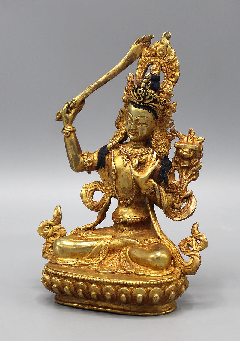 Gold Plated Copper Tibetan Manjushri Statue 6"