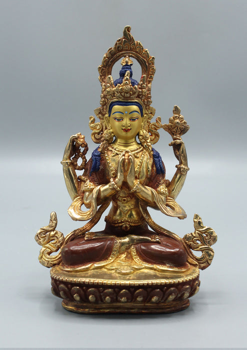 Four Armed Gold Plated Chenrezig Statue 6.5"