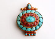 Torquoise & Coral Inlaid Gold Plated Silver Sterling Tibetan Ghau Pendant - nepacrafts