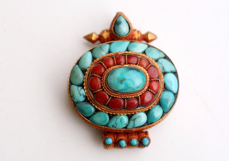 Torquoise & Coral Inlaid Gold Plated Silver Sterling Tibetan Ghau Pendant - nepacrafts