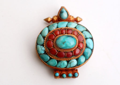 Torquoise & Coral Inlaid Gold Plated Silver Sterling Tibetan Ghau Pendant - nepacrafts