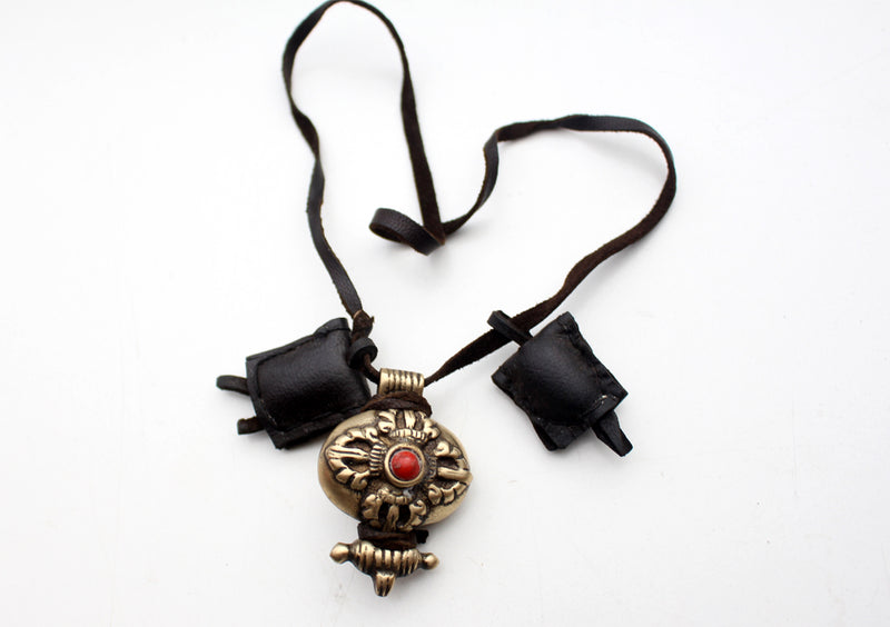 Tibetan White Metal Double Dorjee Ghau Pendant with Coral Inlays - nepacrafts