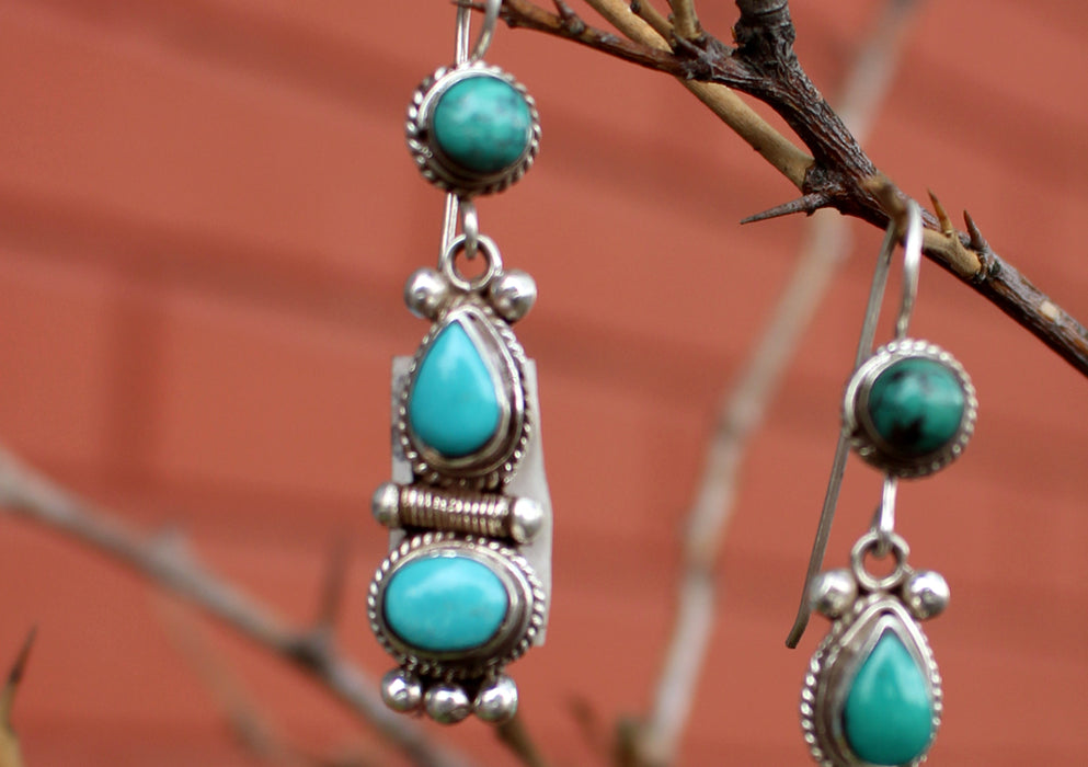 Turquoise Inlaid Traditional Flower Drop Silver Earrings - nepacrafts