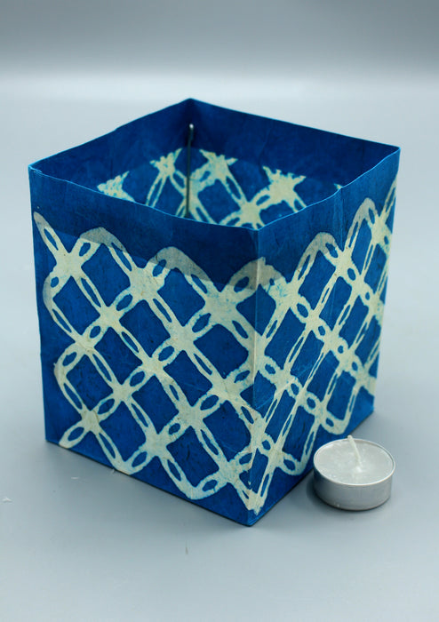 Handmade Lettice design Blue Lokta Paper Candle Lamp