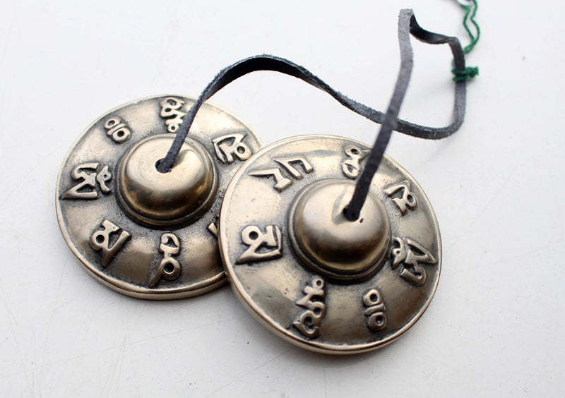 Brass Om Mani Mantra Tingshas/Cymbals - nepacrafts