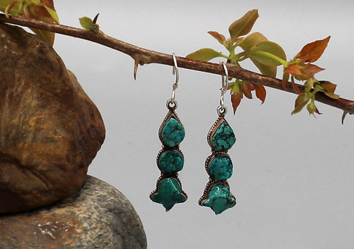 Turquoise Three Stone Inlaid Sterling Silver Drop Earrings - nepacrafts