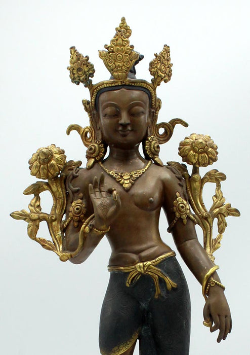 Padmapani Bodhisattva Lokeshvara Gold Plated Copper Statue 17.5 Inches
