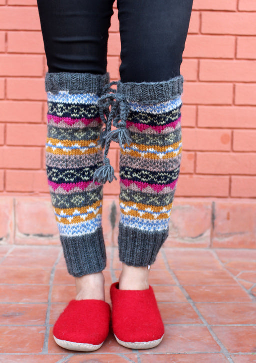 Grey Pink Multicolor Winter Legwarmers with Knitted Lace - nepacrafts