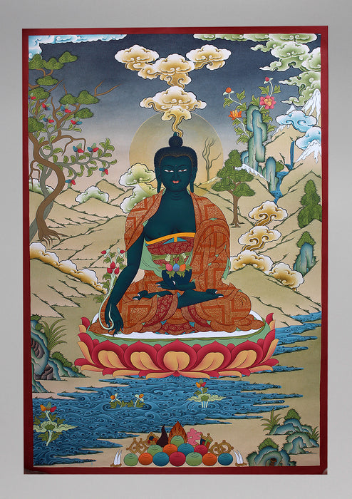 Medicine Buddha on Lotus Thangka Painting