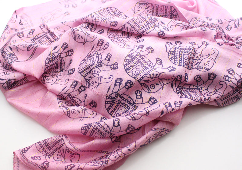 Light Pink Cotton Meditation Scarf with Elephant Print, Jari Shawl/Scarf - nepacrafts
