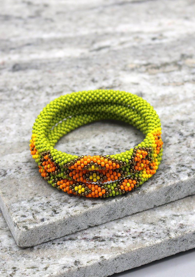Parrot Green and Multi Colors Diamond Shape Glass Beads Bracelet