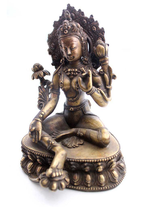Skillfully Handcarved Brass Green Tara Statue 6.5" High - nepacrafts